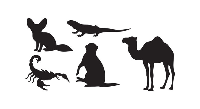 Desert animals silhouettes featuring fennec fox lizard scorpion meerkat and camel standing in nature vector illustration.