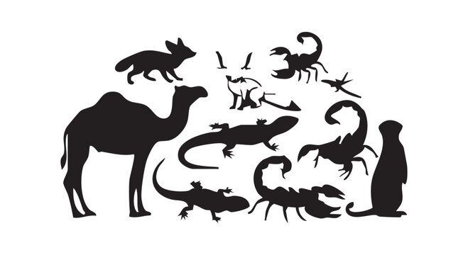 Desert animals and reptiles isolated on white background depicting a fennec fox camel scorpion lizard and a prairie dog.