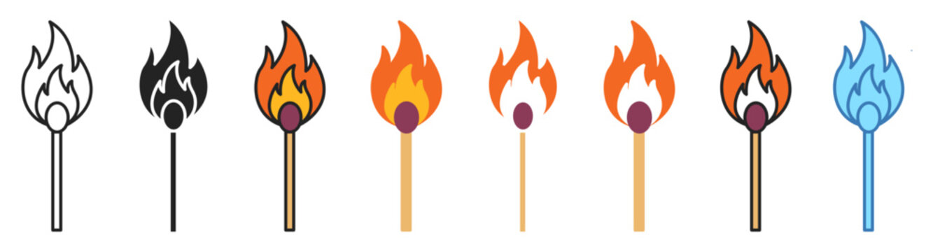 Match stick icon set. Match stick icon set variations with burning fire flame for creative campfire concepts