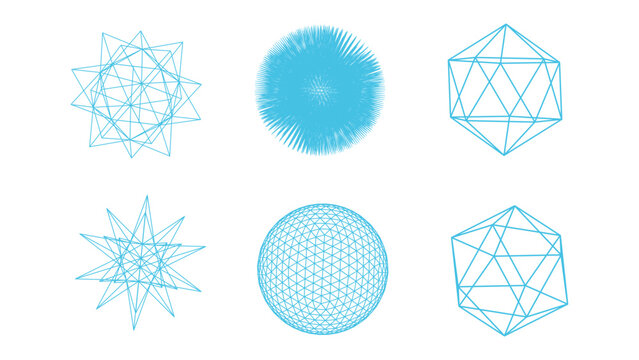 Wireframe geometry shape set. Sacred geometry shape set with abstract wireframe spheres and complex low poly wire mesh structures