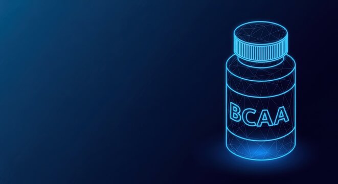 Glowing blue BCAA supplement container with detailed wireframe design on dark background