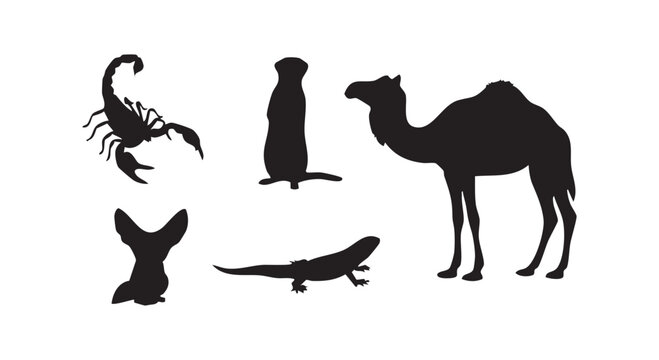 Desert wildlife animal silhouettes collection including camel scorpion lizard meerkat and fennec fox on white background.