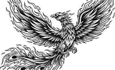 Fototapeta premium Mythical phoenix in flight with fiery wings against a stark background in a detailed illustration style