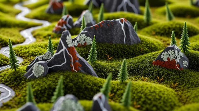Miniature landscape with winding stream.