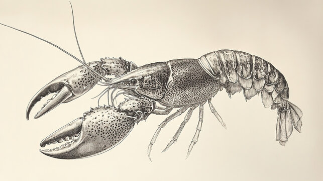 Monochromatic high angle eye level shot crayfish drawn black white on cream paper intricate details claws extended forward antennae long thin body segmented fine lines shading realistic impression dar