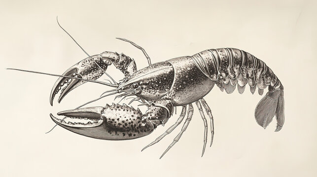 Black white crayfish drawing on cream paper intricate detail claws forward antennae segmented body fine lines shading realistic cream background high contrast