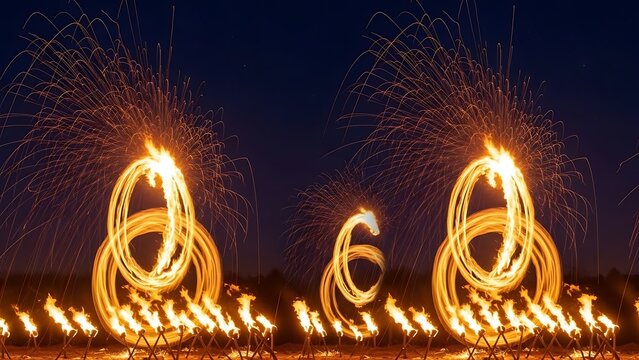 Fire dancers create mesmerizing light trails with glowing orbs at night.
