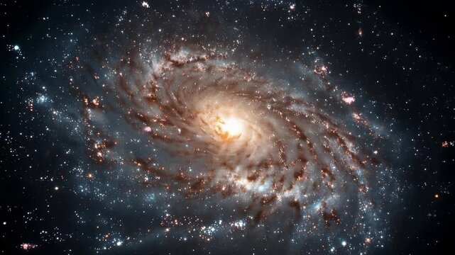 Cosmic spiral rotation in deep space with bright core and nebulae during astronomical observation