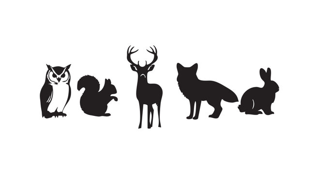 Forest animal icons set featuring owl squirrel deer fox and rabbit characters for wildlife nature collection.