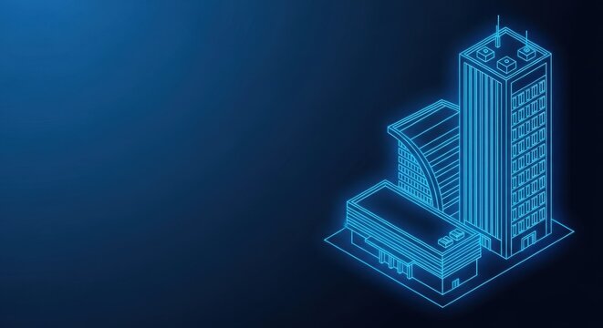 Modern architectural cityscape with glowing blue neon lines against a dark abstract background