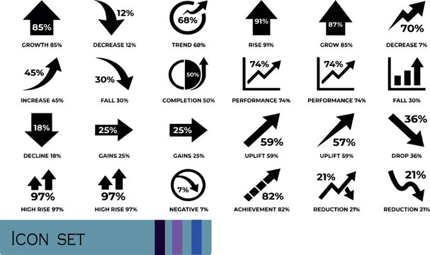 Print Business Trend and Analytics Arrow Icons - Black Solid Financial Growth Stats Performance Metrics and Data Infographic Elements