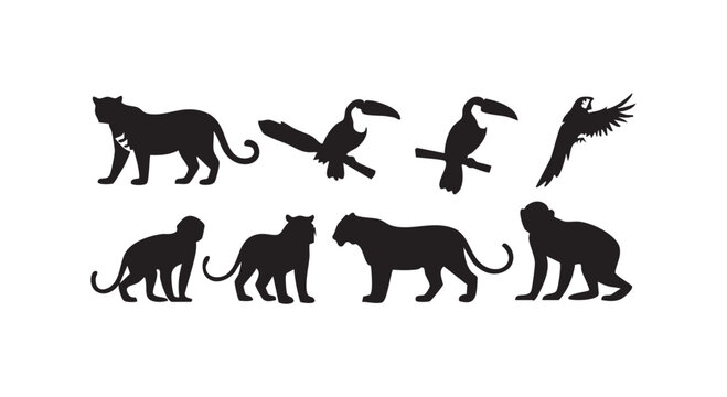 Jungle tropical wild animals and birds set collection panther toucan parrot monkey tiger cat black silhouette.