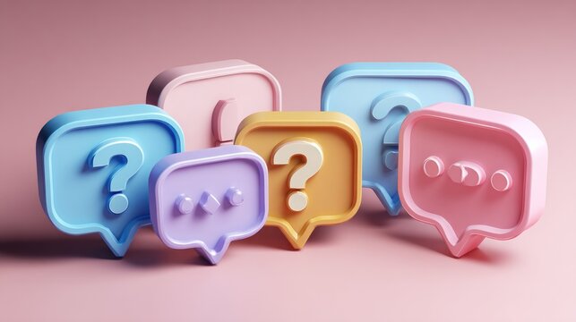 Colorful 3 d speech bubbles with question marks on pink background