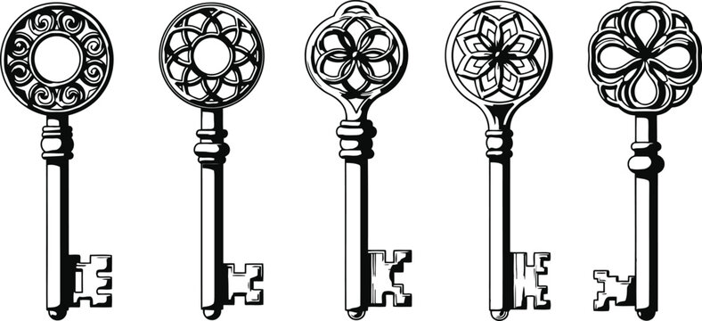 Ornate Antique Keys Lined Up Against a White Background