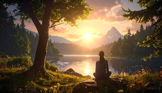 Serene landscape with person watching sunset.