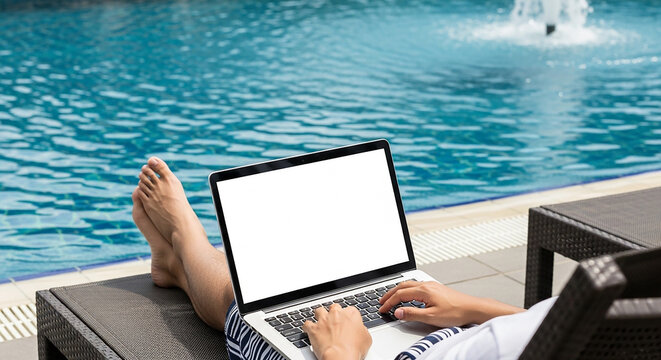 Relaxing by the pool with a laptop on a sunny day outdoors