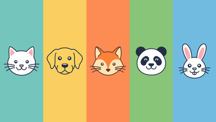 Cute animal face icon set vector illustration featuring cartoon pet character heads of a cat, dog, fox, panda, and rabbit © Fortera Studio