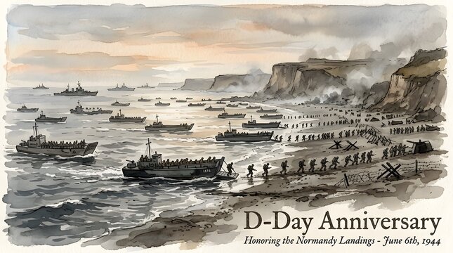 D-Day anniversary watercolor illustration honoring the Normandy landings on June 6 1944 with military ships and landing craft storming the beach