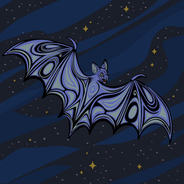 Vector fantasy illustration of a stylized bat flying through a starry night sky.