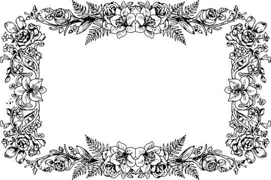 Ornate floral border design with roses and ferns in a vintage illustrative style for decorative framing