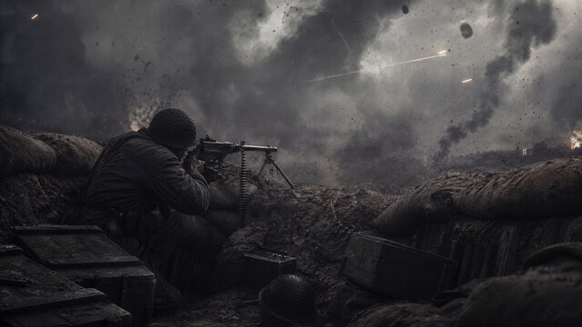 World War II Trench Warfare: A stark, dramatic portrayal of soldiers in a World War II trench, engaged in intense combat amidst smoke and explosions, capturing the grim reality of battle.