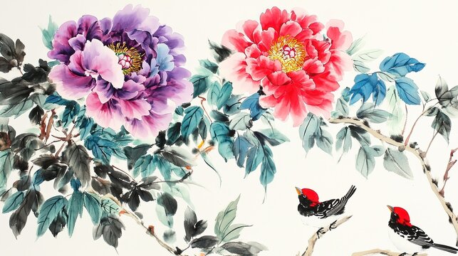 Watercolor purple and red peonies with green blue leaves three small black white red headed birds below one gazes up two interact fluid ink wash strokes soft colors flowers top birds bottom white spac