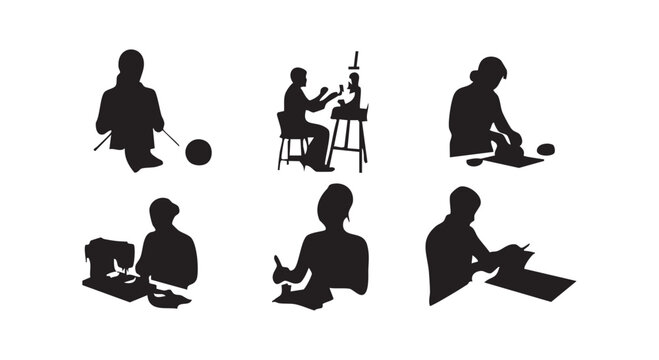 Set of silhouette people doing different hobbies and crafts like knitting painting sewing and writing on white background.