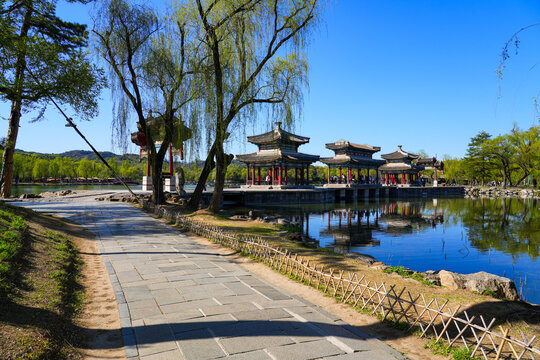 Traditional wooden pavilions and stone bridges with water reflections at the scenic lake area of Chengde Mountain Resort, Hebei, China