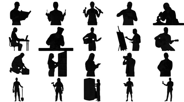 Set of silhouettes of people with different professions