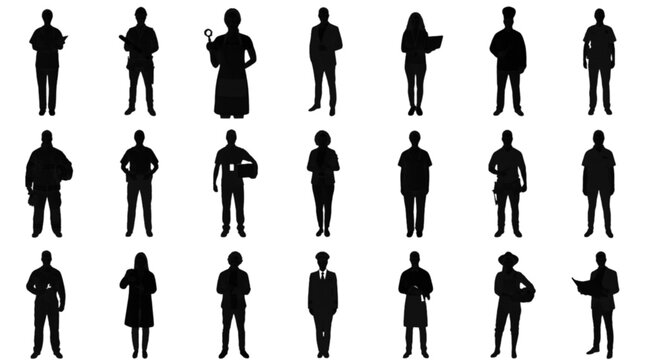 Set of diverse people silhouettes standing in a group