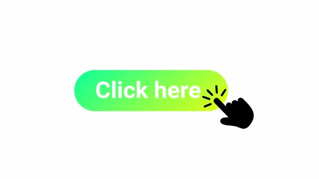 Colorful click here button with mouse hand cursor clicking animation on transparent background, click here button with hand pointer click.