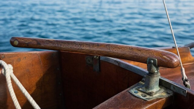 tiller. A worn wooden tiller connected to a ship's rudder on a small sailboat. mobility guides, transit brochures, designed for transport & logistics marketing, used by policy analysts.