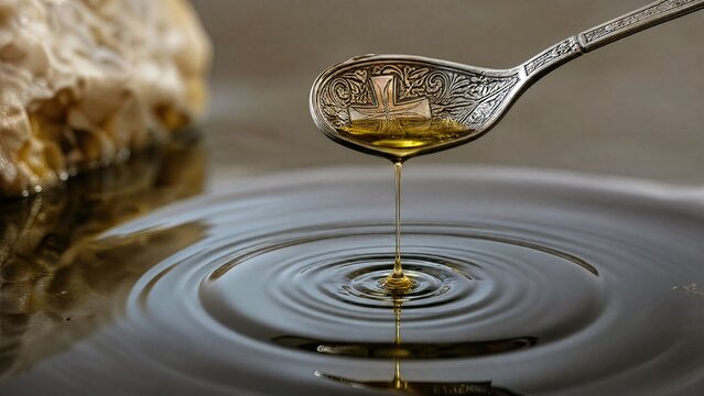 anointing. Silver spoon dripping olive oil onto water, creating concentric rings. STEM education sheets, lab safety posters, designed for STEM education and laboratory safety posters.