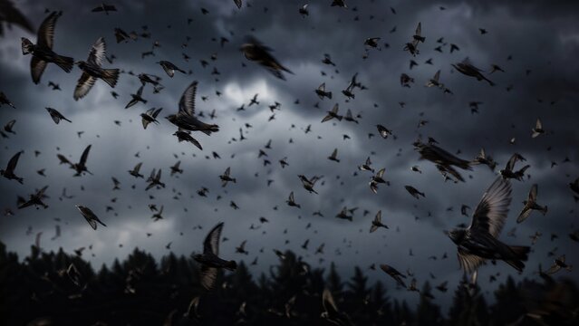 telephoto. Birds scattering in chaotic flight against a dark, stormy sky. wildlife magazines, conservation campaigns, designed for wildlife conservation campaigns, used by marketing managers.