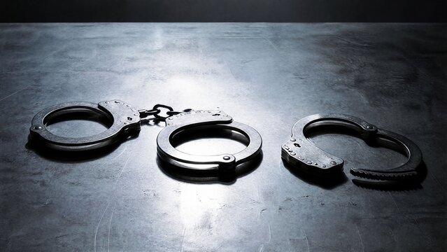 restraints. Three sets of handcuffs on a cold metal table, two linked, one open. STEM education sheets, lab safety posters, designed for STEM education and laboratory safety posters.