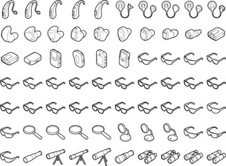 Fototapeta premium A collection of isometric line drawings showcases various assistive devices and optical aids, including hearing aids, earplugs, eyeglasses, magnifying glasses, and telescopes.