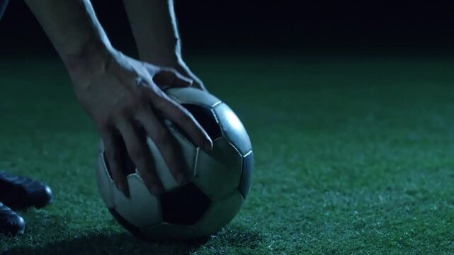Football Skills: Unrecognizable Soccer Player Kicking a Football Ball with Powerful Cleats Contact on Turf in 4K Ultra HD footage.
