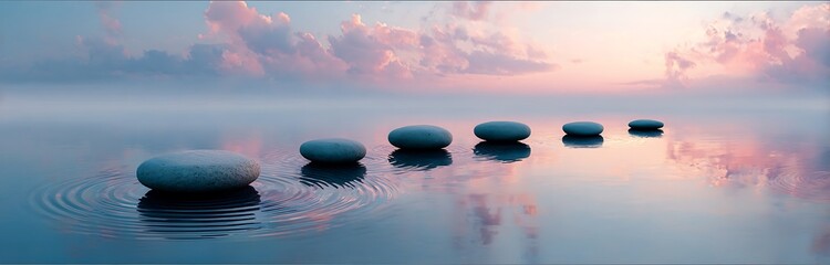 Obraz premium Serene stones arranged in a gentle curve across calm water, reflecting pastel sunset hues
