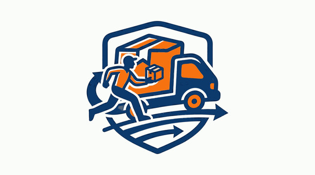 Man pushing large box into moving truck with shield logo protection