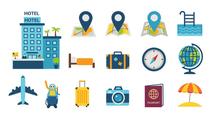 Travel and Vacation Icons Set for Tourism and Hospitality. © Ari