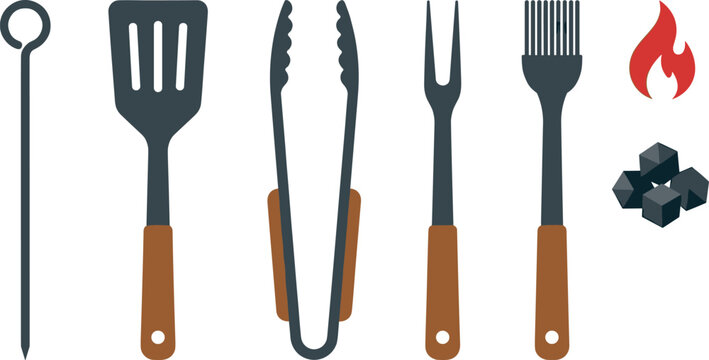 Barbecue Grill Tool Set Vector Illustration Featuring Skewer Spatula Tongs Carving Fork Basting Brush Charcoal Briquettes and Fire Flame Design Elements