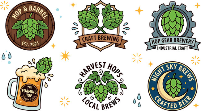 Craft Beer Brewery Vector Badge Logo Set Featuring Green Hops Mug of Foaming Ale Gear Shield and Moon Graphic Elements for Bar Branding