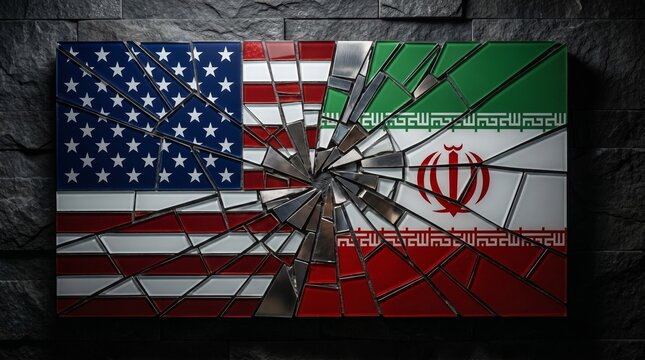 Shattered flags of the United States and Iran symbolizing broken diplomatic relations and geopolitical conflict.