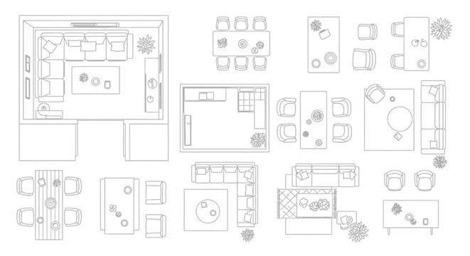 Top Down View Of Various Furniture Layouts And Floor Plans.