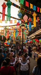 Obraz premium Vibrant street market in Mexico decorated with colorful papel picado and traditional lanterns.