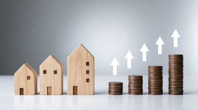Increasing property value, growing wealth, wooden houses, stacked coins, rising arrows