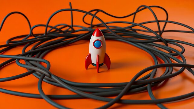 Startup rocket surrounded by tangled cables representing business and technology challenges