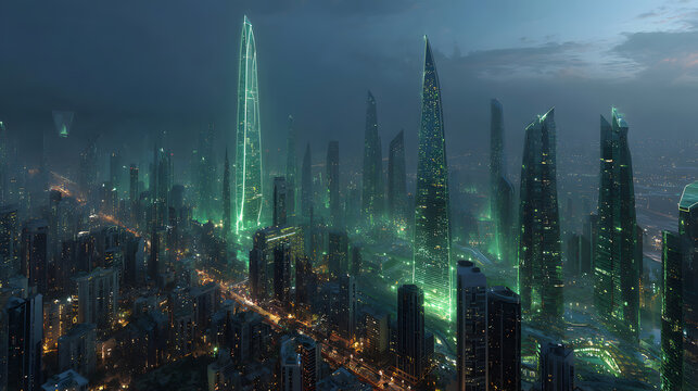 Futuristic Sci-Fi Metropolis at Night with Glowing Green Neon Skyscrapers

