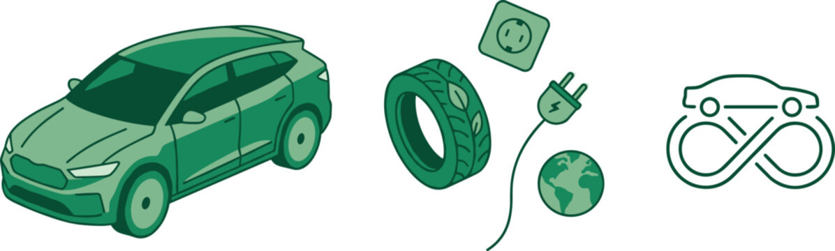 Green Electric SUV Car Vector Set with Sustainable Eco Tire Power Plug Outlet Earth Globe and Infinity Loop Graphic Concepts