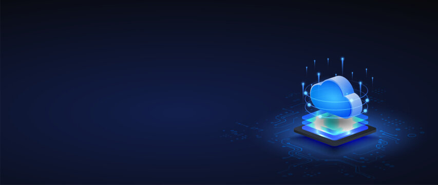 Ai cloud computing isometric vector illustration. Cloud Computing Technology Concept with Digital Data Storage concept web banner.